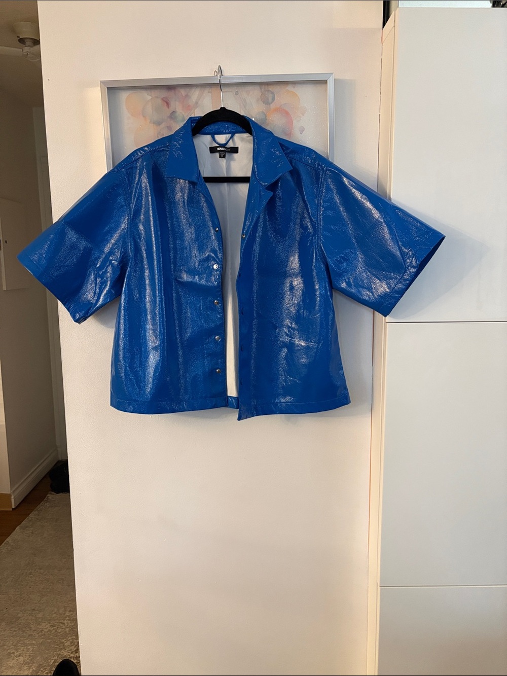 Fashion Nova Blue Short-Sleeve Patent Leather Shirt Jacket